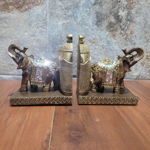 VTG Gold Tone Elephant Bookends Raised Trunks Rhinestones Accents